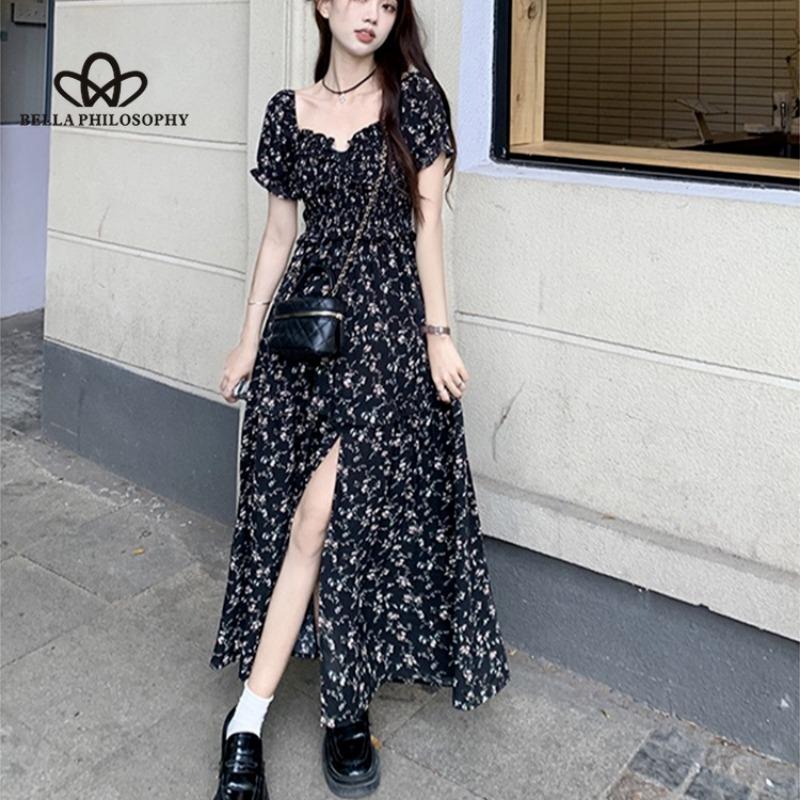 French Square Collar Floral Dress Women's Summer 2024 New Waist Mid-length Slit A-line Long Dress