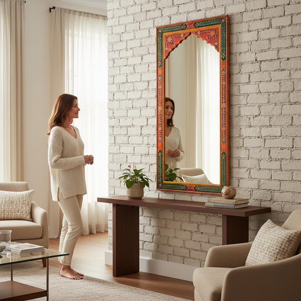 Wooden Painted Wall Decor Fram Mirror-Bedroom Mirror Home Decor Art Furniture | Wall Living Fram Decor Mirror-Indian Painted Beautifull Fram