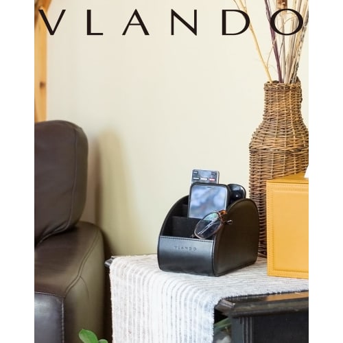 Vlando Remote Control Rack, Large, PU Leather, Remote Control Storage, Tabletop, 5 Compartments, Remote Control Stand, Stylish, Waterproof, Multi-func