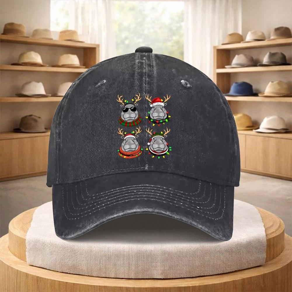 Hippo Reindeer Christmas Light Print Washed Denim Baseball Cap Adjustable Streetwear Hat
