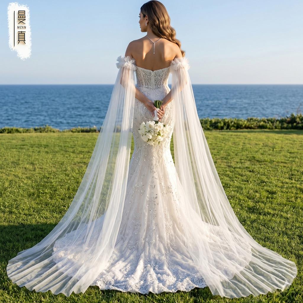 Съемные Банты-Воланы С Открытыми Плечами, Тюль, Длинный Шлейф, Рукава, Макси, Воздушные, Свадебные Манжеты Для Платья-Русалки Без Бретелек, Фотосессия