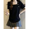 Women's Off White Square Neck Double Side Metal Button Curved Hem Short Sleeve Knit Top