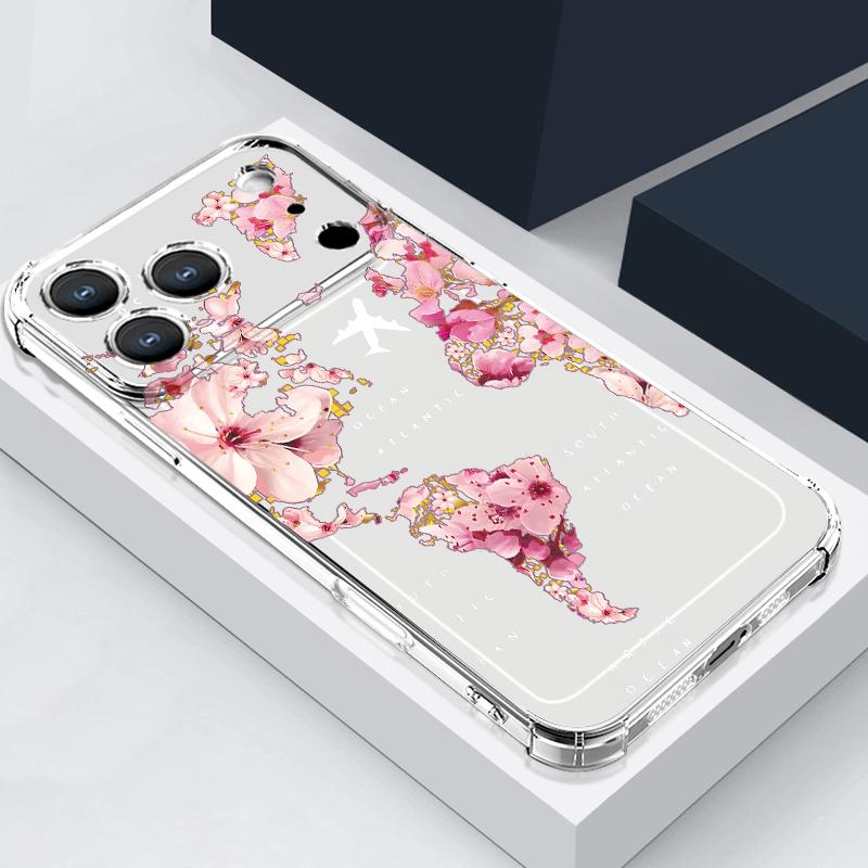 Чехол для телефона с узором из розовых цветов для iPhone 17e 17 16 15 14 Pro Max 14 13 Pro 16 Прозрачный ТПУ Ударопрочный Мягкий Карман для карты Чехол