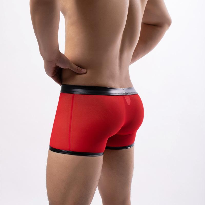 Low Waist Hollow Out Erotic Lingerie Sexy Mens Underwear Man Clothing Patent Leather Red Sheer Mesh Pouch Low Waist Briefs