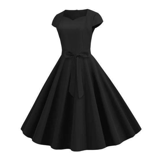Женское платье с V-образным вырезом и поясом с бантом, декор трапециевидной формы, большие качели, обтягивающее платье с высокой талией, сплошной цвет, ретро, ​​с коротким рукавом, женское платье миди в стиле принцессы