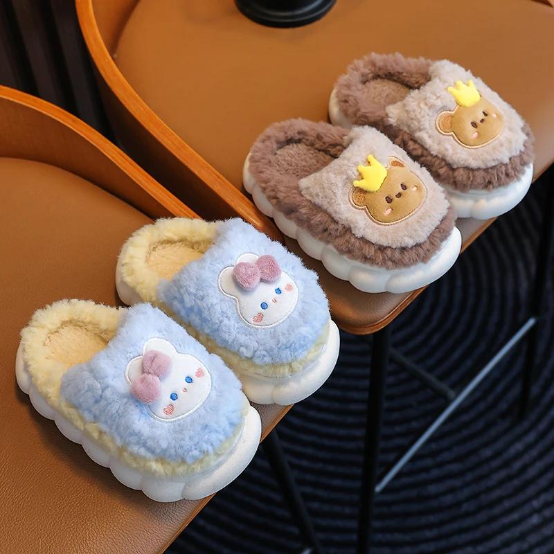 New Winter Cute Rabbit Bear Cotton Flip Flops Children's Plush Slippers For Girls Boys Home Indoor Fluffy Mule Kids Shoes