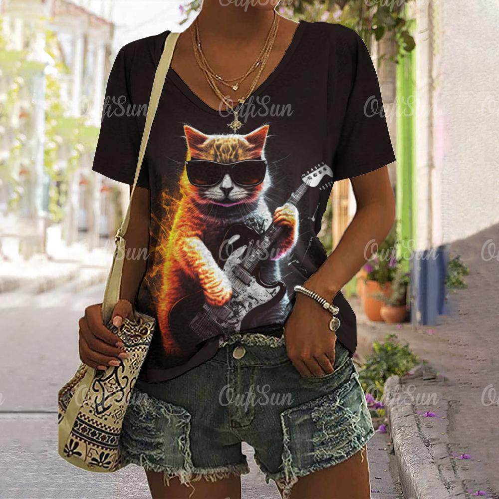 2024 New Women T-Shirt Rockin' Cat Print Top Plus Size Summer Women's Trending Clothing Fashion Short Sleeve Shirt Crew Tee