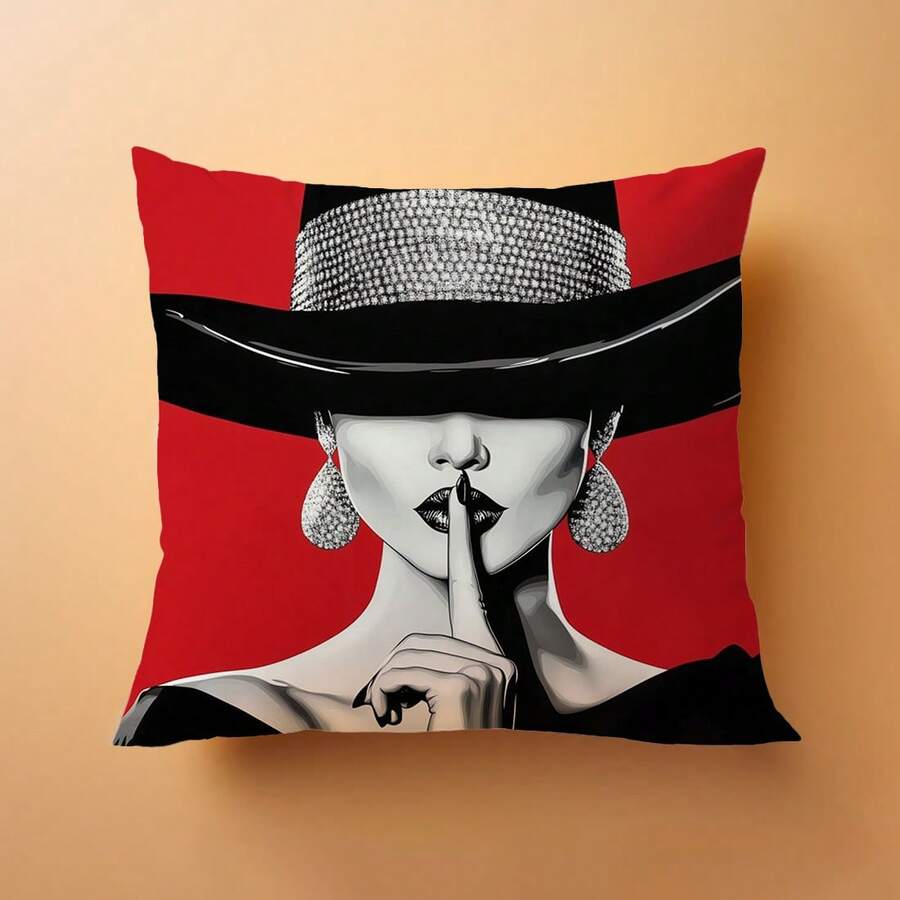 Modern Lady in Hat Cushion Cover Shh Gesture Art Decorative Pillow Case Red Black White Fashion Girl Print Living Room Decor