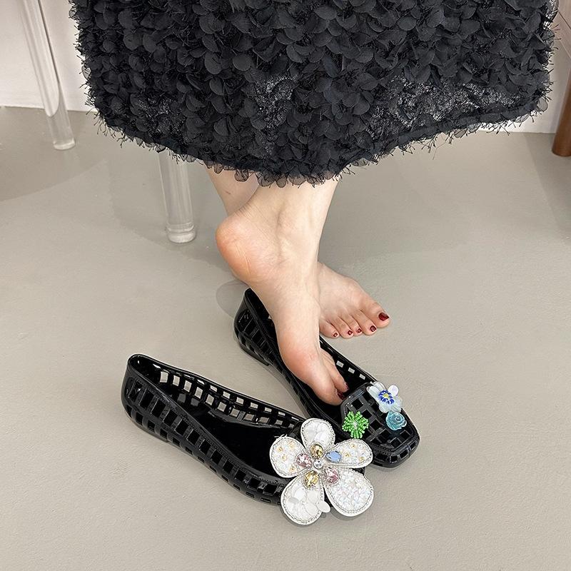 Transparent Crystal Jelly Sandals Hollow Out Slippers Korean Style Flat Shoes Women's Square Toe Shallow Slip On Ballet Loafers