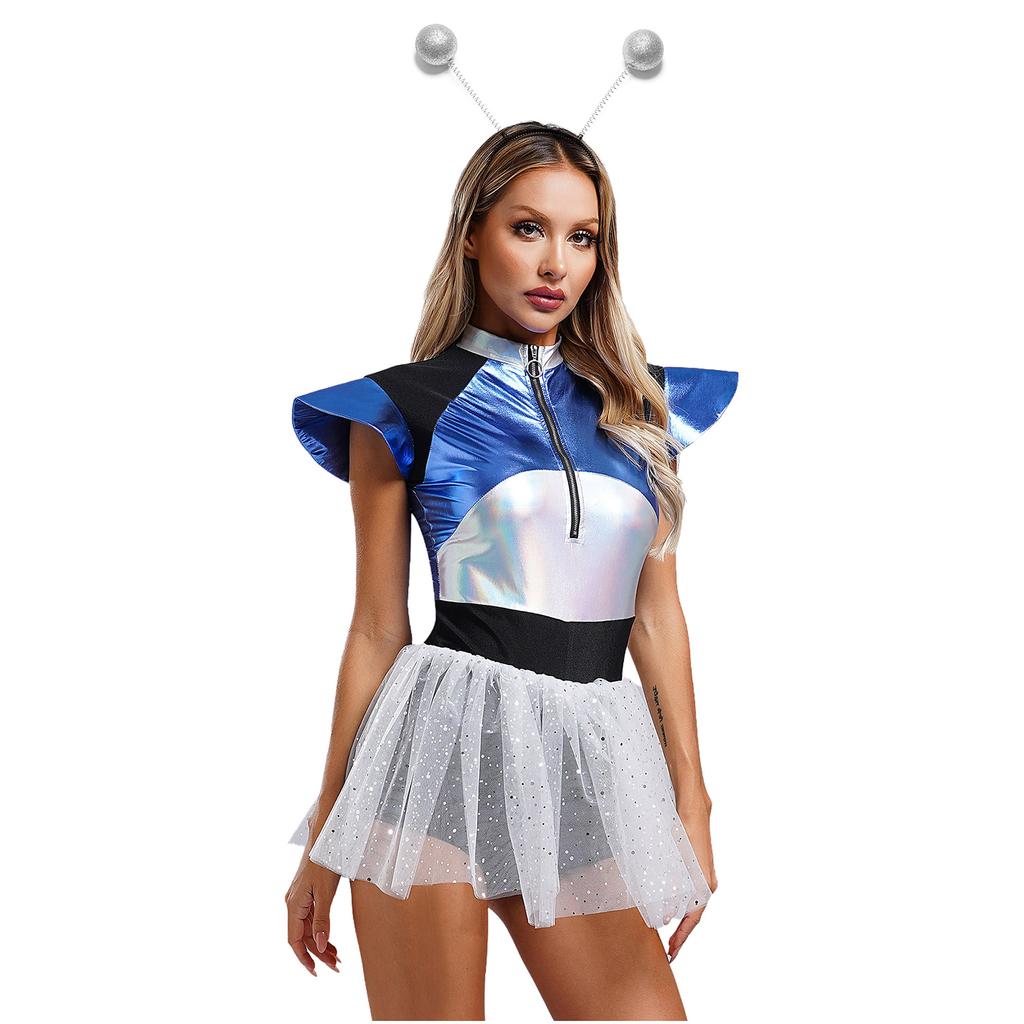 Womens Space Cadet Costume Fly Sleeve Front Zip Sequined Tulle Skirt Boyshorts Spaghetti Jumpsuit with Silver Hair Hoop Headband for Alien Astronaut