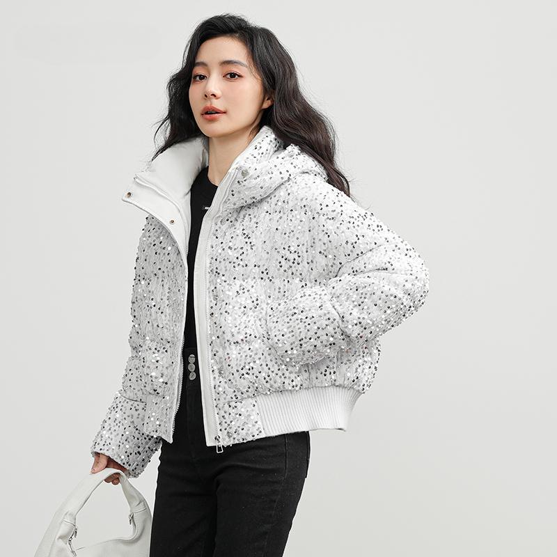 Down Jacket for Women Autumn and Winter New Arrival Short Style Fashionable Sequined Hooded All-match Warm Coat