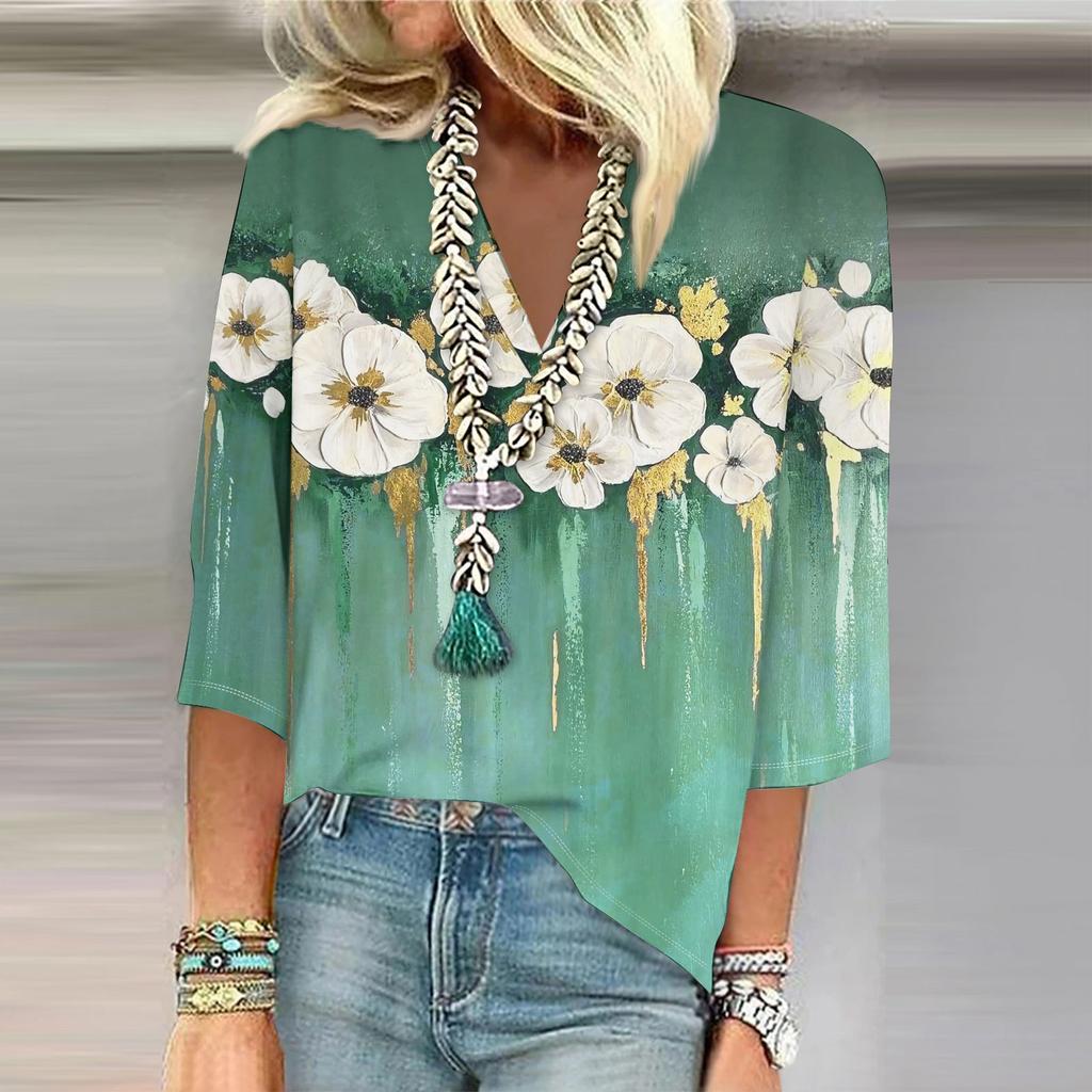 Женская рубашка-блузка повседневные свободные рубашки с рукавом 3/4 и принтом с V-образным вырезом Топы Футболки Футболка