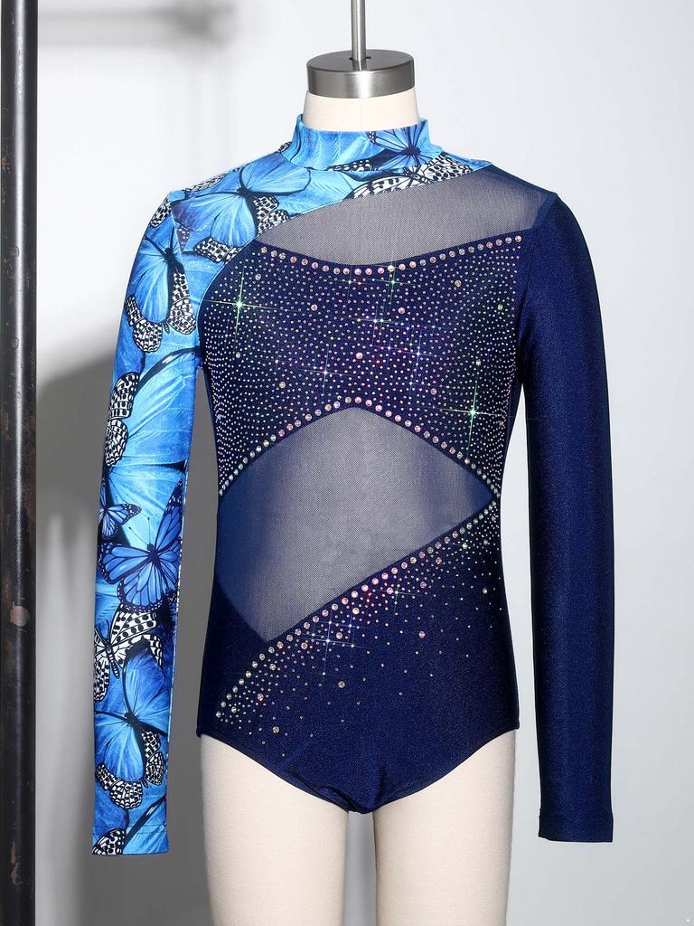 Гимнастический танцевальный купальник для девочек: Боди с высоким воротником, длинными рукавами, скрытой молнией сзади, сетчатыми вставками, принтом-бабочками и блестящими стразами