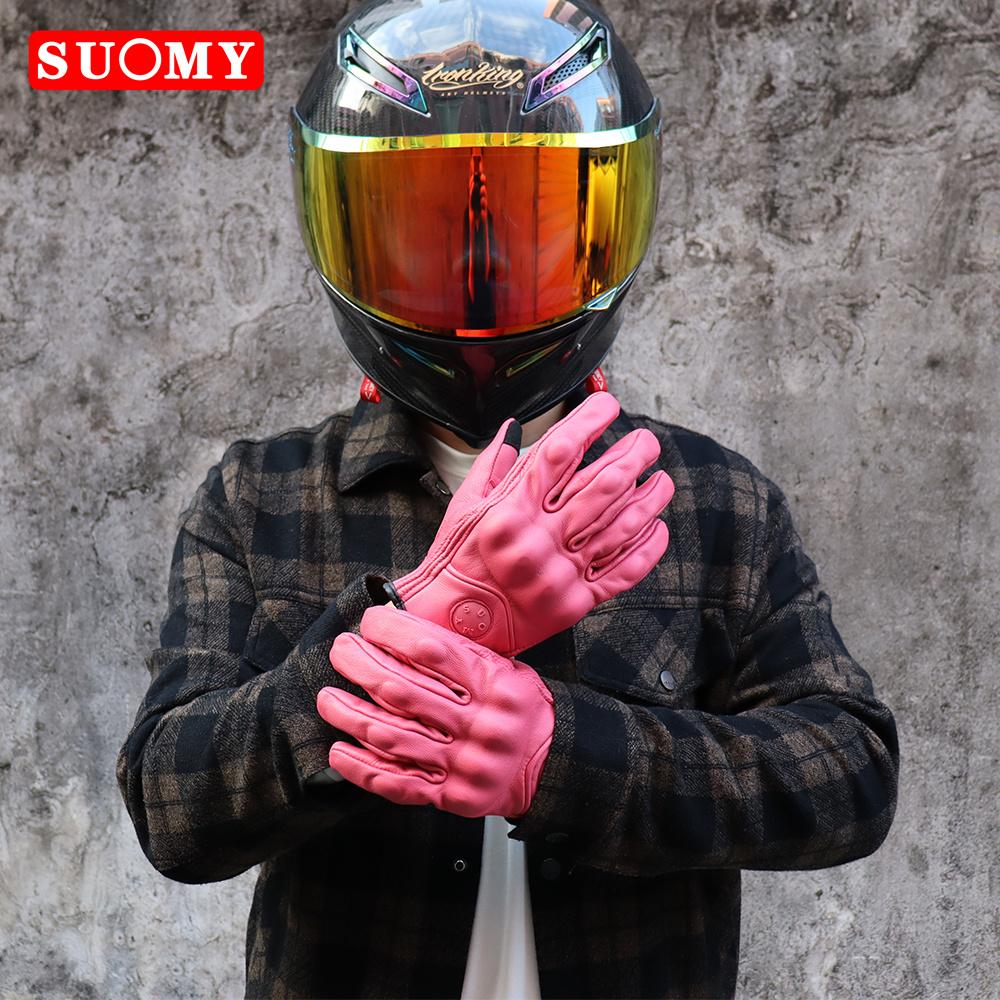 SUOMY Lady Pink Retro Leather Motorcycle Gloves Women Touchscreen Motocross Gloves Hard Shell Protective Motorbike Glove XS-L