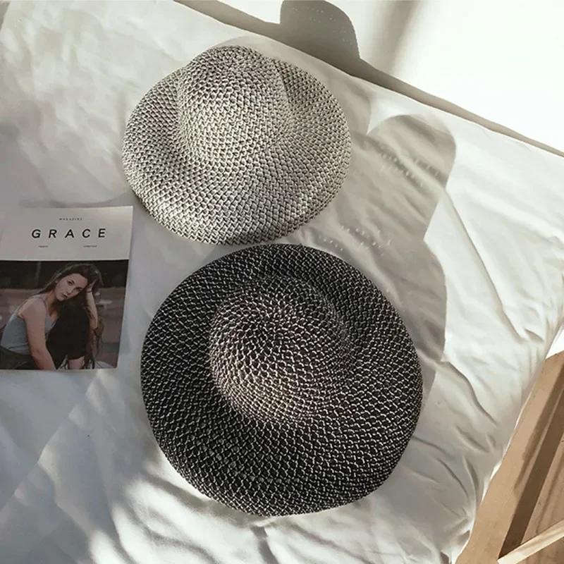Retro Round Straw Hat Ladies Sun Hat Travel Vacation Sun Hat Retro Ladies Beach Hat Black and White