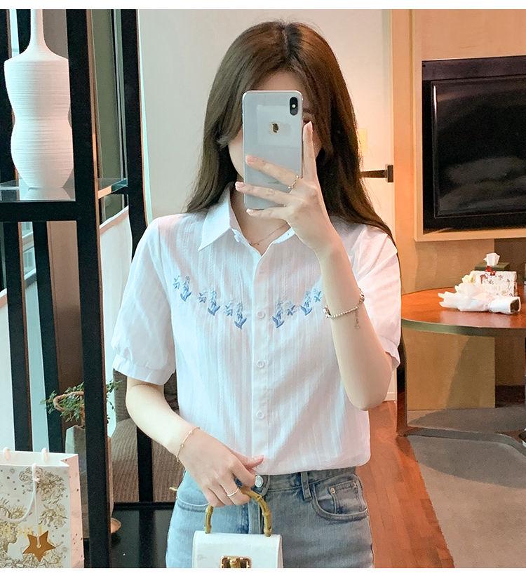 Женская модная рубашка из чистого хлопка с вышивкой, с коротким рукавом - Лето 2024