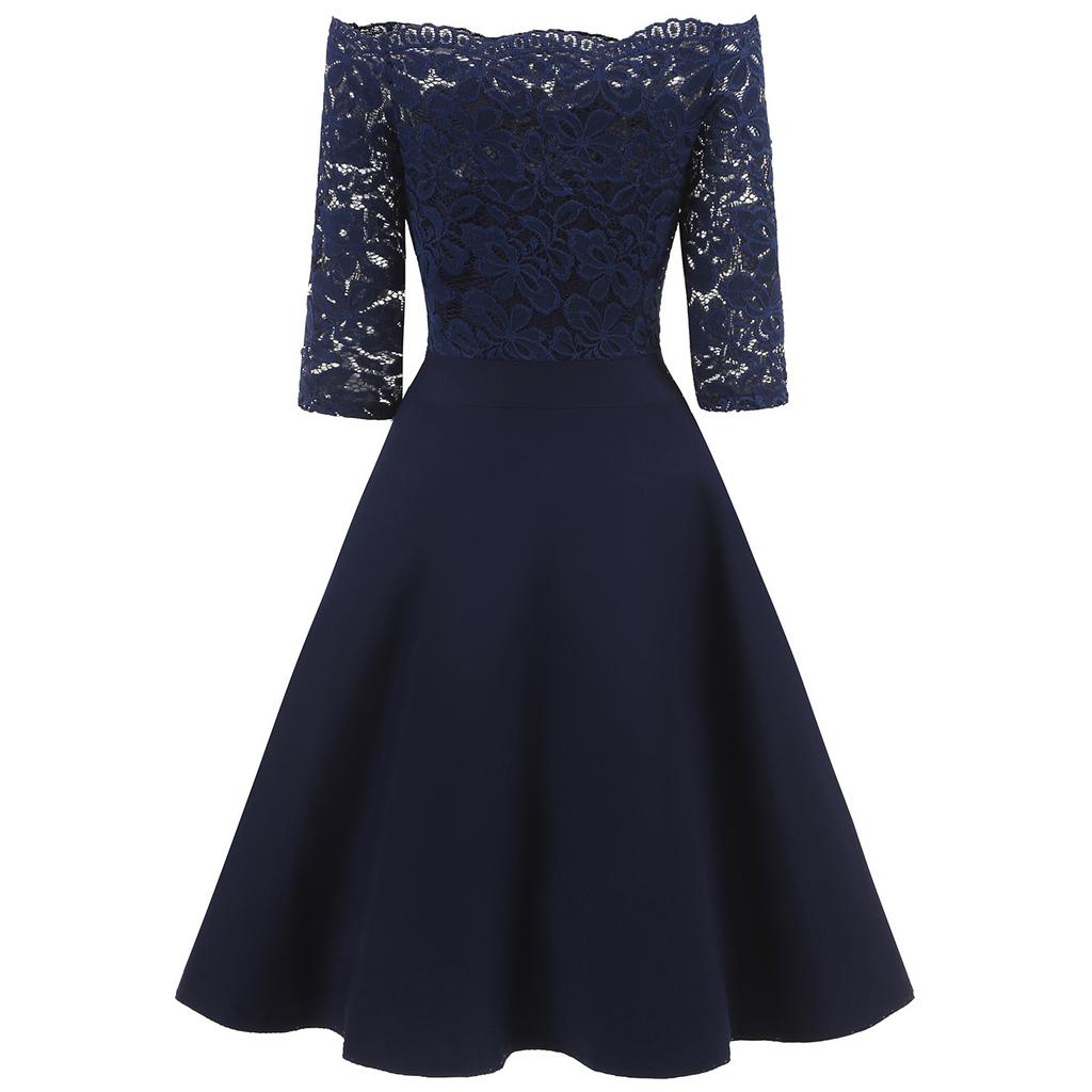 Women Vintage Swing Dress Floral Lace Bodice Off Shoulder Bardot Sheer 3/4 Sleeve Fit and Flare Cocktail Evening Party Going Out Wear Occasion Outfits