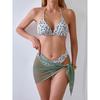 New With Sarong Floral Halter Thong Bikini Women Swimwear Female Swimsuit Three-pieces Bikini Set Bather Bathing Suit Swim