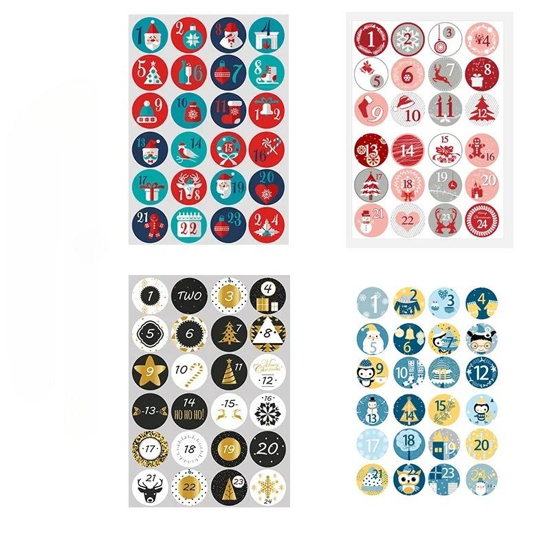 1 лист Наклейки Счастливого Рождества Календарь Адвента Наклейки с номерами Ручная работа Печенье Конфеты Подарок Печать Этикетка Бумажная наклейка