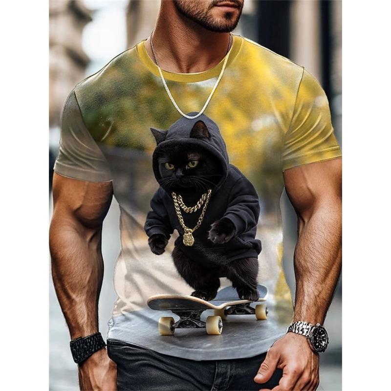 Мужская забавная футболка с изображением кошки и акулы, топы с 3D-принтом, короткий рукав, круглый вырез, футболки с изображением животных, новые футболки больших размеров, одежда