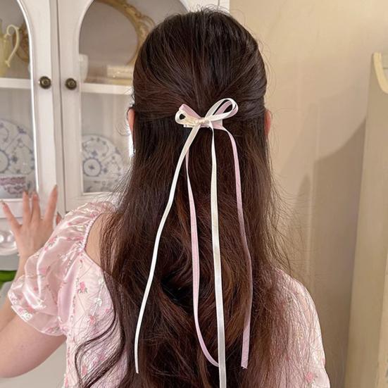 2Pcs Hair Rope Double Layer Soft Fabric Long Ribbon Hand-Sewn Bow Decor Hair