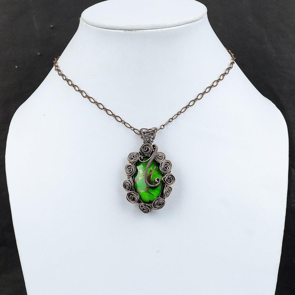 Медный Зеленый Бирюзовый Подвеска Подвеска, обернутая медной проволокой Подвеска ручной работы Украшения из проволоки Подвеска с драгоценным камнем Медные украшения Подарок для женщин