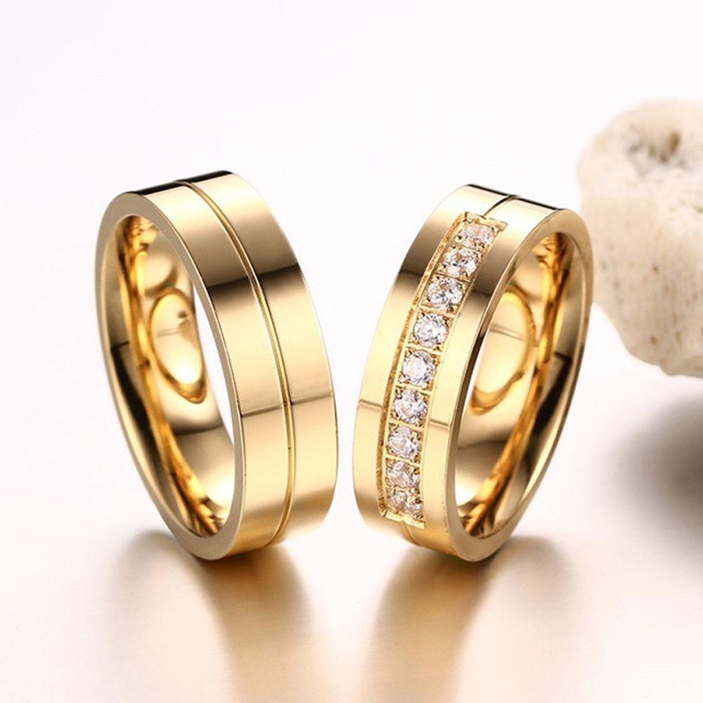Cubic Zirconia AAA CZ Golden Silver 18K Gold Plated Stainless Steel Wedding Band Ring Couples Ring