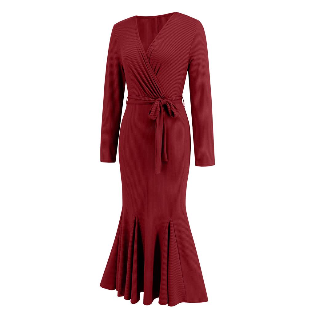 Women's Spring and Autumn V-neck Long-sleeved Slim Temperament Fishtail Dress Knitted Long Dress
