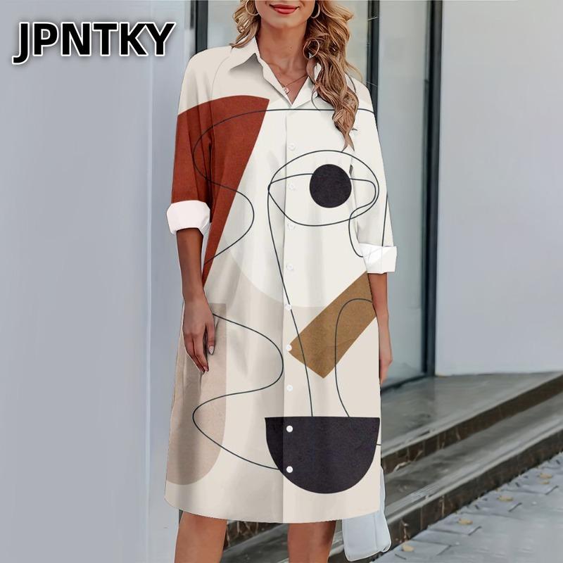 JPNTKY Модные Осенние Зимние Платья Повседневные с Длинным Рукавом и Воротником-Поло