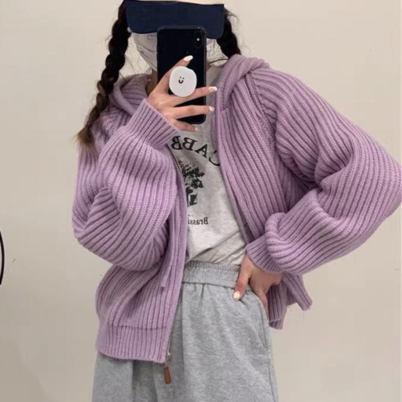 Осень Зима Женский Вязаный Свитер на Молнии с Капюшоном Новый Свободный Кардиган с Длинным Рукавом Куртки Короткие Пальто Милый Повседневный Элегантный Однотонный Одежда