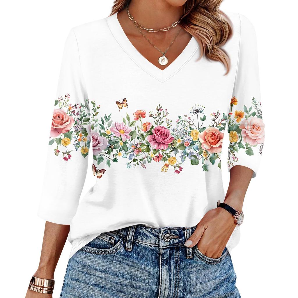 Женская футболка с принтом, рукав 3/4, повседневная мода на выходные, базовый топ с V-образным вырезом