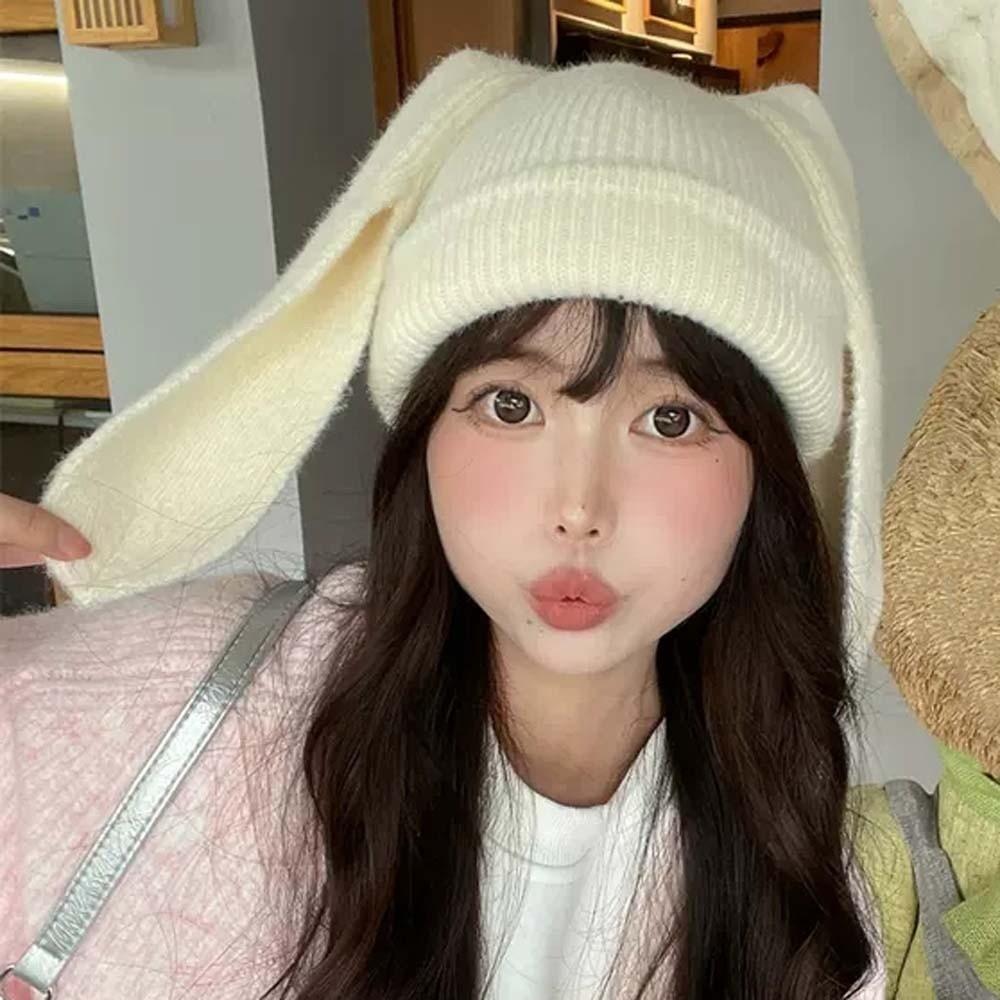 Korean Style Rabbit Ears Cap Elastic Solid Color Knitted Hat Woolen Hat Brimless Beanie Hat Couple