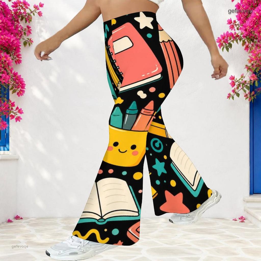Women Plus Size High Waist Printed Full Length Flared Leg Pants