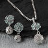 Plated Silver Toned Green Cubic Zirconia Studded Floral Shaped Cute Pendant with Earrings Jewellery Set