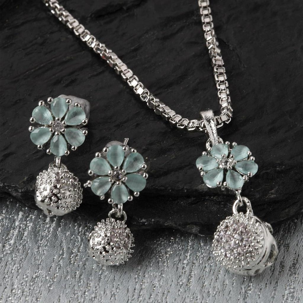 Plated Silver Toned Green Cubic Zirconia Studded Floral Shaped Cute Pendant with Earrings Jewellery Set
