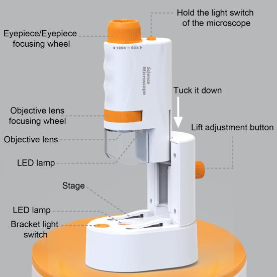 Детский микроскоп с LED-подсветкой 60-120X Биологический микроскоп для малышей Портативный ручной мини-микроскоп Образовательный микроскоп для научных экспериментов