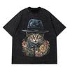 Hip Hop Streetwear Vintage T Shirt cat Cartoon Monster Graphic Oversized TShirt Men Fashion Cotton Tops Tees Washed Black