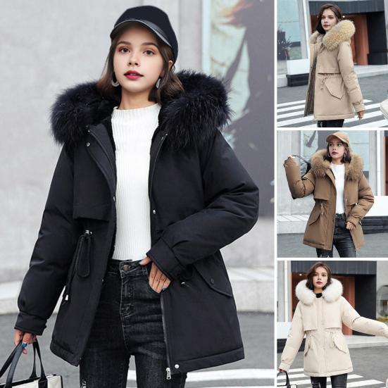 Winter Women Jacket Furry Hood Long Sleeves Drawstring Waist Pockets Zipper And Button Closure Windbreaker Mid Length Solid Color Windproof Warm Coat