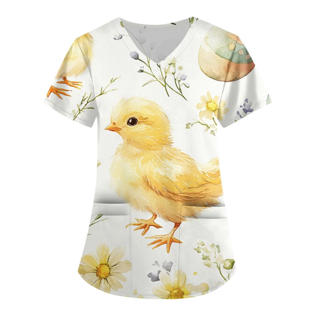 Женская модная рабочая одежда с V-образным вырезом и короткими рукавами, с карманами, с принтом в виде пасхального топа, одежда для ухода