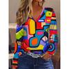Ladies' Casual Geometric Color Block 3D Printed V-neck Long Sleeved T-shirt - Colorful Design
