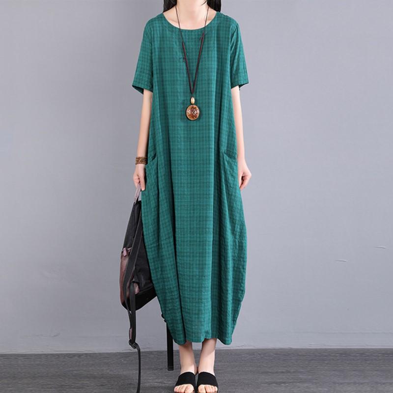 Новое хлопковое винтажное клетчатое платье больших размеров с коротким рукавом для женщин, повседневное свободное длинное летнее платье