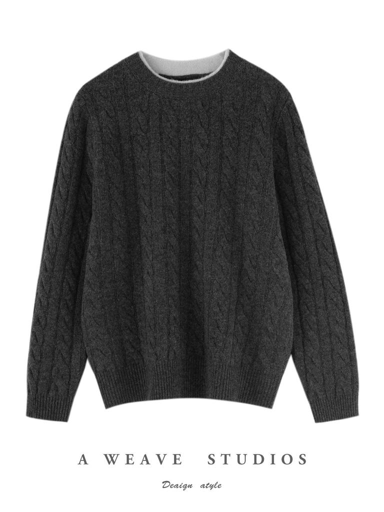 Women's Color-Block Pure Wool Sweater, Cable Knit, Thickened, Loose Fit, Slimming Pullover