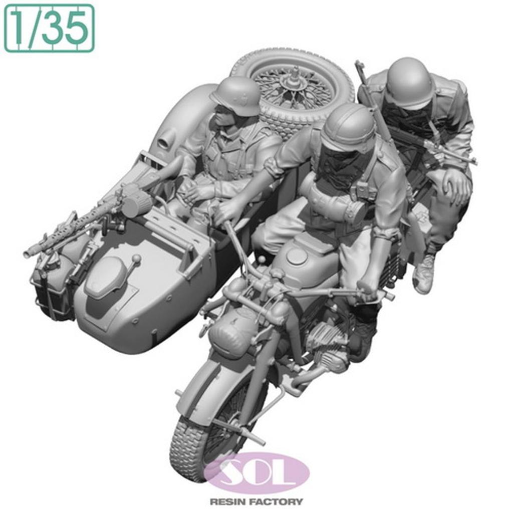 Sol Models WWII German KS750 Military Sidecar with 3 Crew 3D Printed Kit MM879 1/35 Figures, (Motorcycle)