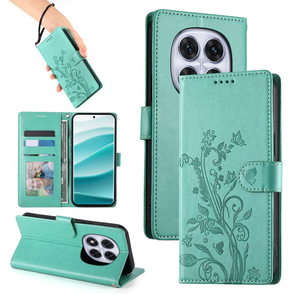 For Xiaomi Redmi Note 14 Pro 4G Wallet Case Butterfly Floral Imprint PU Leather Phone Cover with Wrist Strap