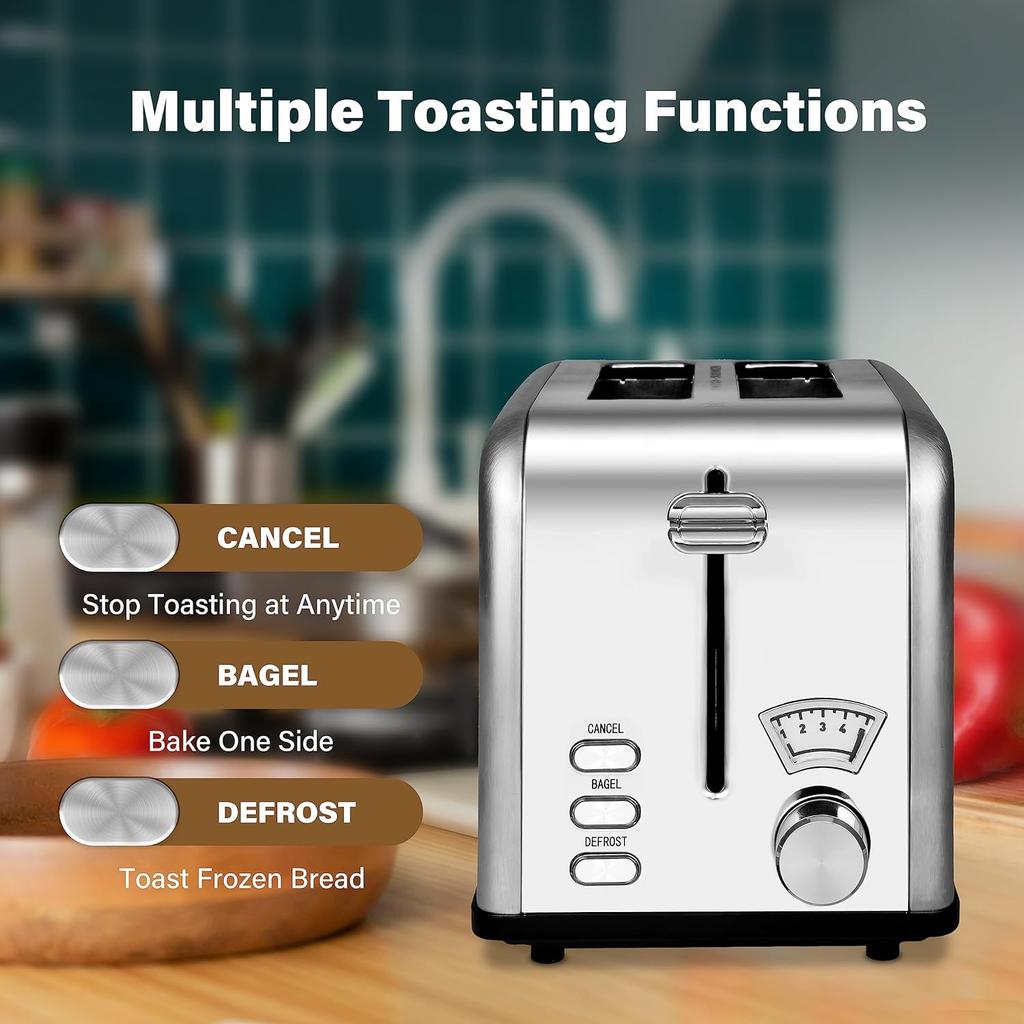Steel Toaster 2 Slice with 1.5” Wide Slot & Removable Crumb Tray, 5 Shade Options and Bagel/Defrost/Canc
