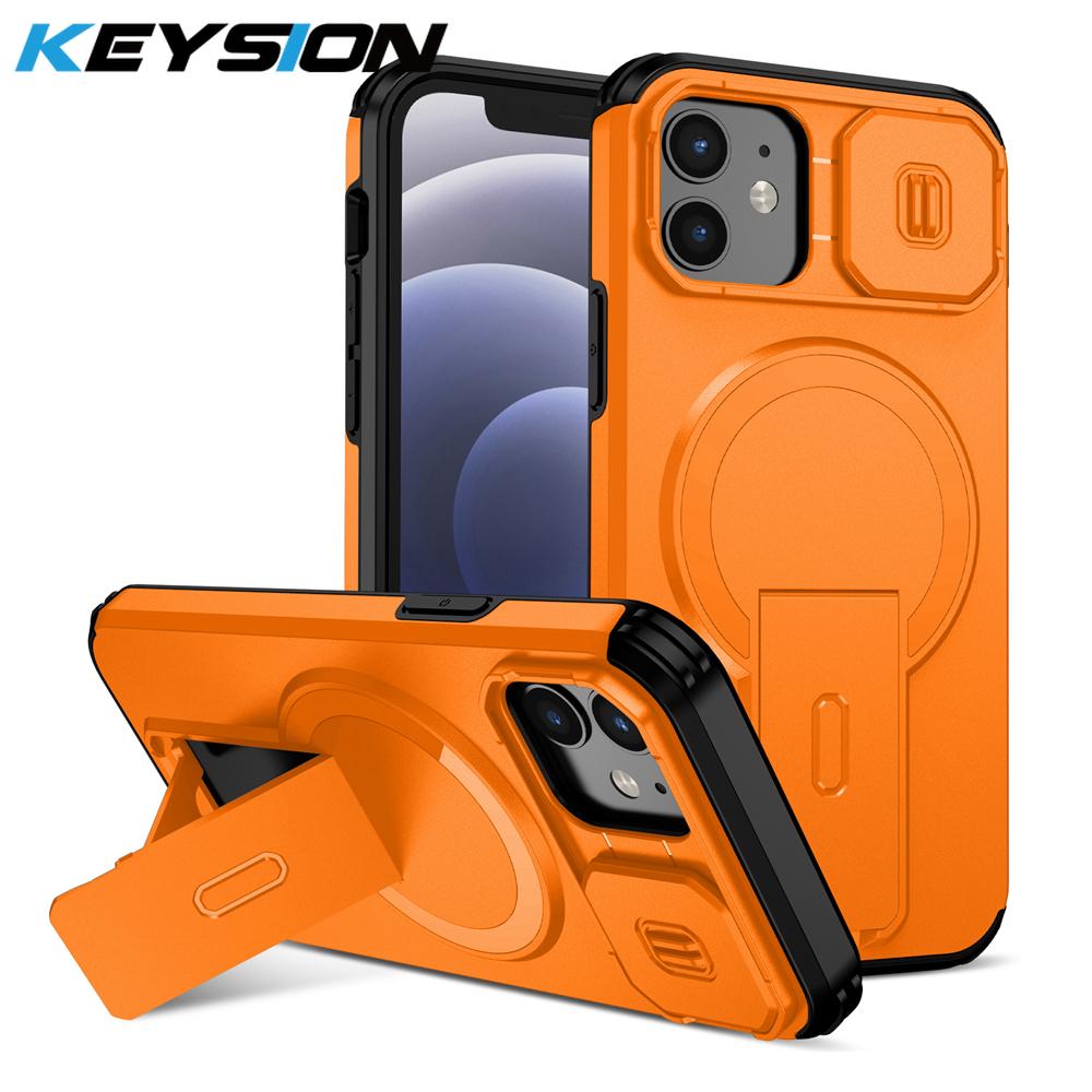 KEYSION Противоударный магнитный чехол для iPhone 11 12 Pro Max Сдвижная защита объектива камеры Подставка Беспроводная зарядка Задняя крышка телефона