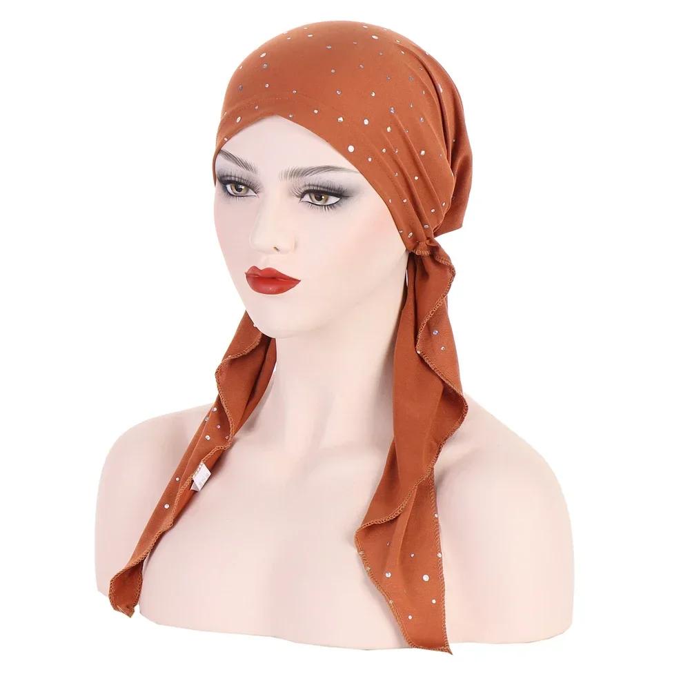 New Shimmer Pre-Tied Hat Women Muslim Hijab Turban Long Tail Headscarf Beanies Bonnet Hair Loss Chemo Cap Head Wrap Bandanas