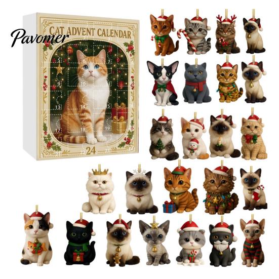 Cute Cat Decorations 24 Day Advent Calendar with Acrylic Christmas Ornaments, 2D Flat Holiday Home Decoration Hanging Decorations, Xmas Tree