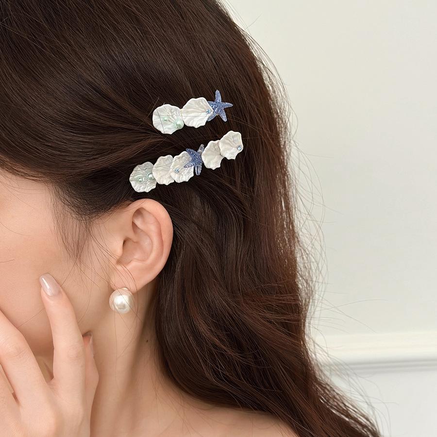 Asymmetrical Shell Starfish Pearl Hairpin Fresh Seaside Vacation Style Duck Bill Clip Fashionable Versatile Hair Accessories Women