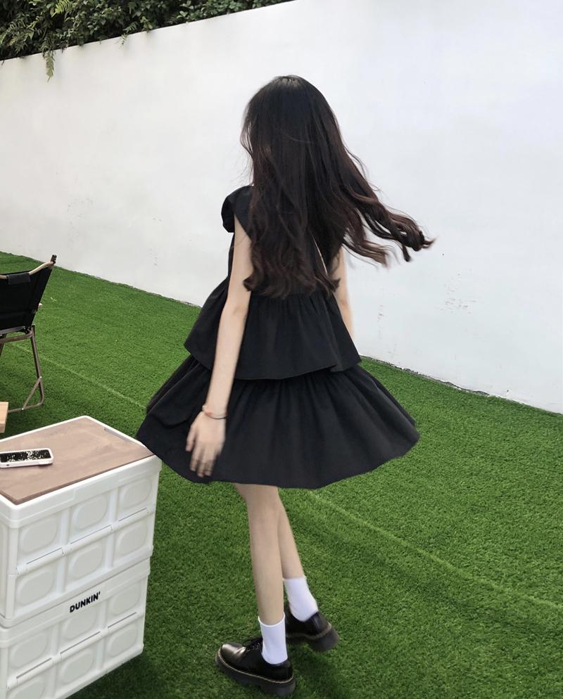 Black Mini Dresses Women Ruffles Sweet Girls Summer Sleeve Princess Style All-match Korean Preppy Students Dress